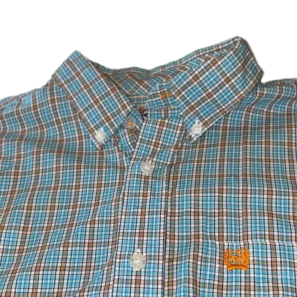 Cinch Boys XXL Teal and Orange Plaid Western Long Sleeve Button Down Shirt